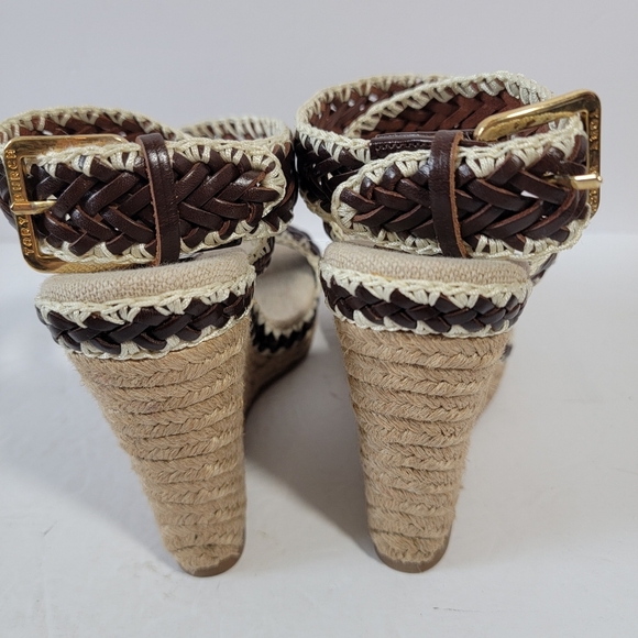 NEW Tory Burch Brown Woven Leather Paloma Ankle Strap Espadrille Wedge Sz 37.5 - Picture 4 of 12